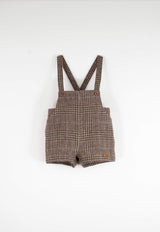 Brown plaid woollen short romper suit with pockets