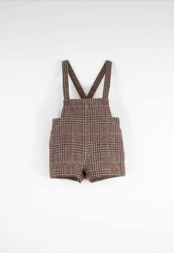 Brown plaid woollen short romper suit with pockets