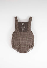 Brown plaid woollen romper suit with bib and straps