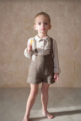 Brown plaid woollen short romper suit with pockets