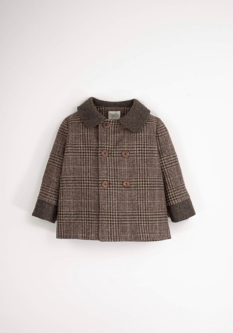 Brown plaid woollen coat with collar