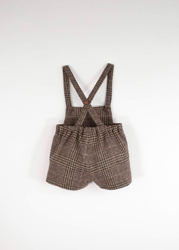 Brown plaid woollen short romper suit with pockets