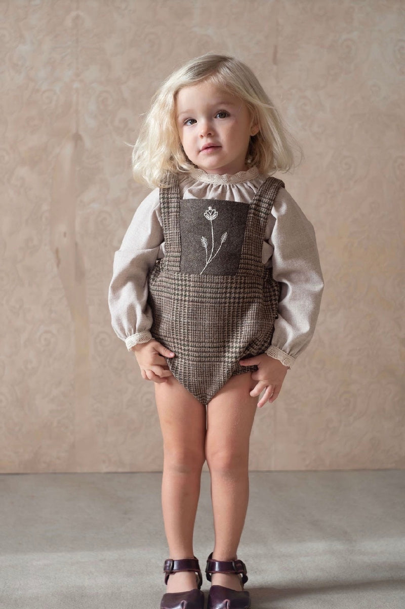 Brown plaid woollen romper suit with bib and straps