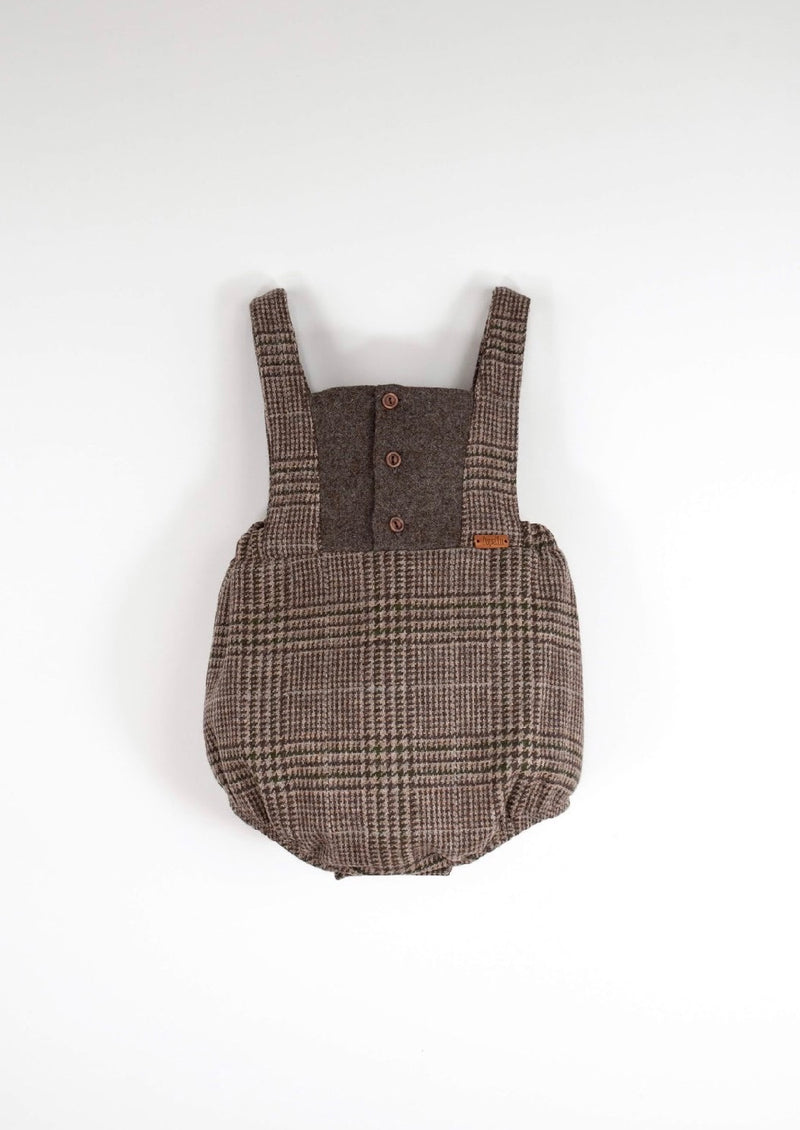 Brown plaid woollen romper suit with bib and straps